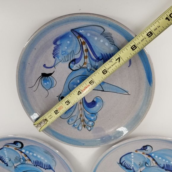 Tonala Mexican Hand Painted Blue Speckled Bird Plates 8.5" Pottery Signed Lot 3 - Picture 10 of 11